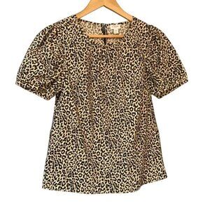 J. Crew Leopard Print Puff Sleeve Blouse Womens Size L Cotton Blend